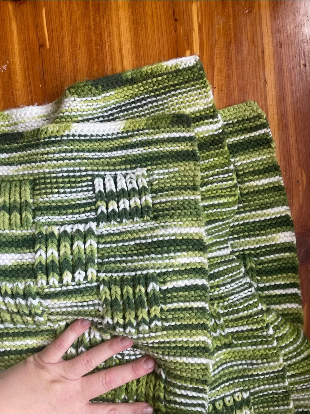 Handknit Green & White Checkerboard variegated Throw 50” x70”